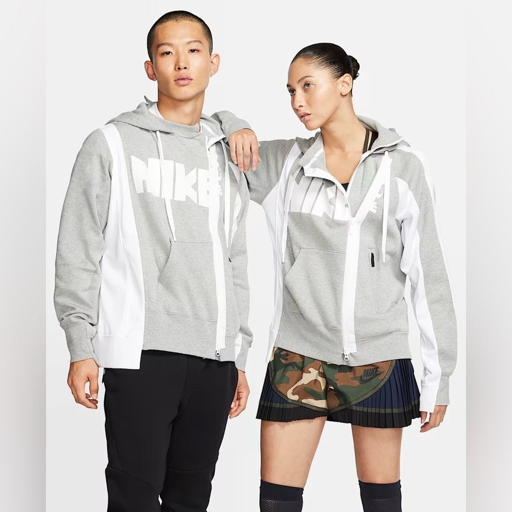 Nike x Sacai Double-Zip Hoodie Women’s Size Small Dark Grey Heather/White